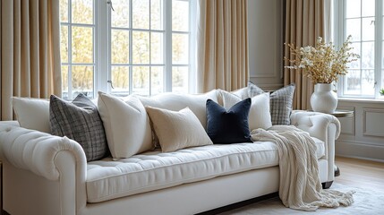 Fototapeta premium Beige sofa with throw pillows and blanket in a bright living room.