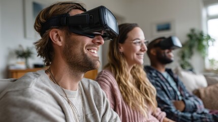 Three friends share a fun virtual reality travel experience while relaxing in a cozy living room. Laughter and excitement fill the space as they explore new destinations