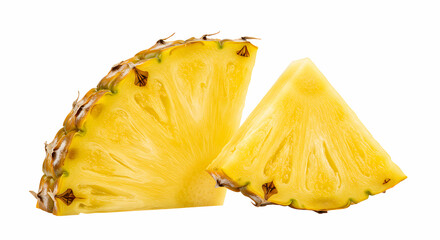 A close up of two pineapple slices with yellow flesh and textured skin isolated on a white background