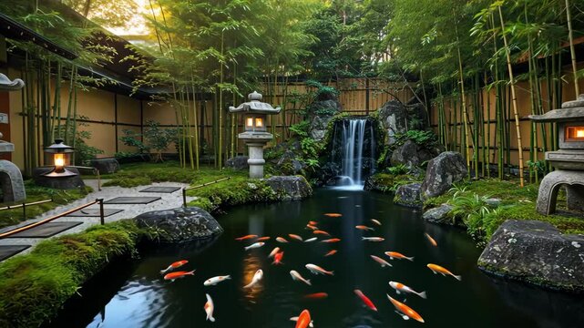 Beautiful Japanese garden with koi pond and waterfall
