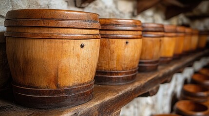 Wooden barrels on a rustic shelf.
