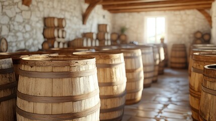 Sunlit stone cellar filled with numerous wooden barrels for aging wine or spirits.