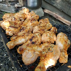 Raw marinated chicken drumsticks on outdoor grill. Spicy raw chicken drumsticks are arranged on a grill over charcoal outdoors, ready to be cooked for a barbecue meal.

