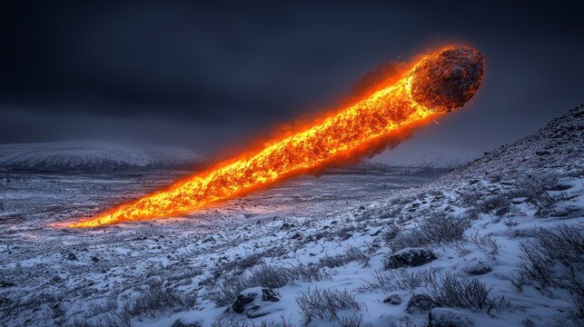 Fiery meteor over snowy landscape