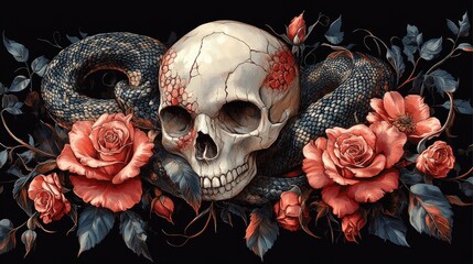 Skull, Snake, and Roses. A detailed illustration of a skull encircled by a snake and adorned with roses.  The skull has a visible fracture, and the roses are a deep pink, with intricate details.