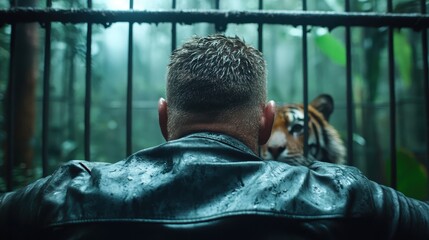 A man in a wet leather jacket faces a tiger behind bars, capturing a dramatic moment that showcases the dichotomy of human and animal instincts in an enclosed environment.