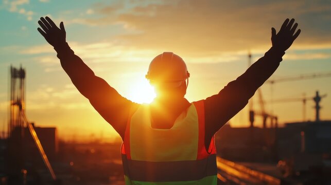 Worker celebrates a successful day on a construction site during golden hour with hands raised toward the vibrant sunset sky