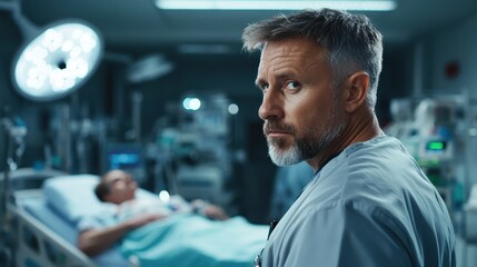 A doctor observes a patient in critical condition, showcasing the intense emotion and responsibility that comes with healthcare, and the profound impact of life and death decisions.
