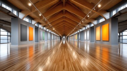 Fototapeta premium Modern Art Gallery Interior Polished Wood Floor and Abstract Paintings