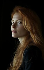 Fototapeta premium A portrait of an attractive woman in the dark, illuminated by soft light from one side, creating a silhouette effect on her face and hair. The background is black to emphasize the lighting and shadows