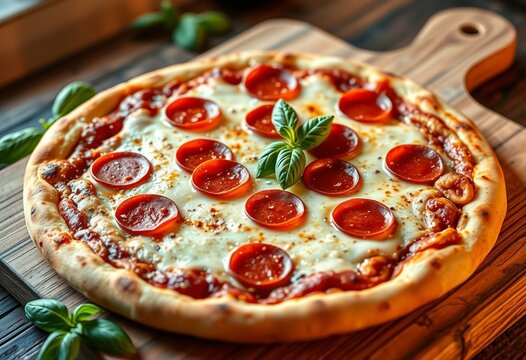 Freshly baked Pepperoni pizza on a rustic wooden cutting board
