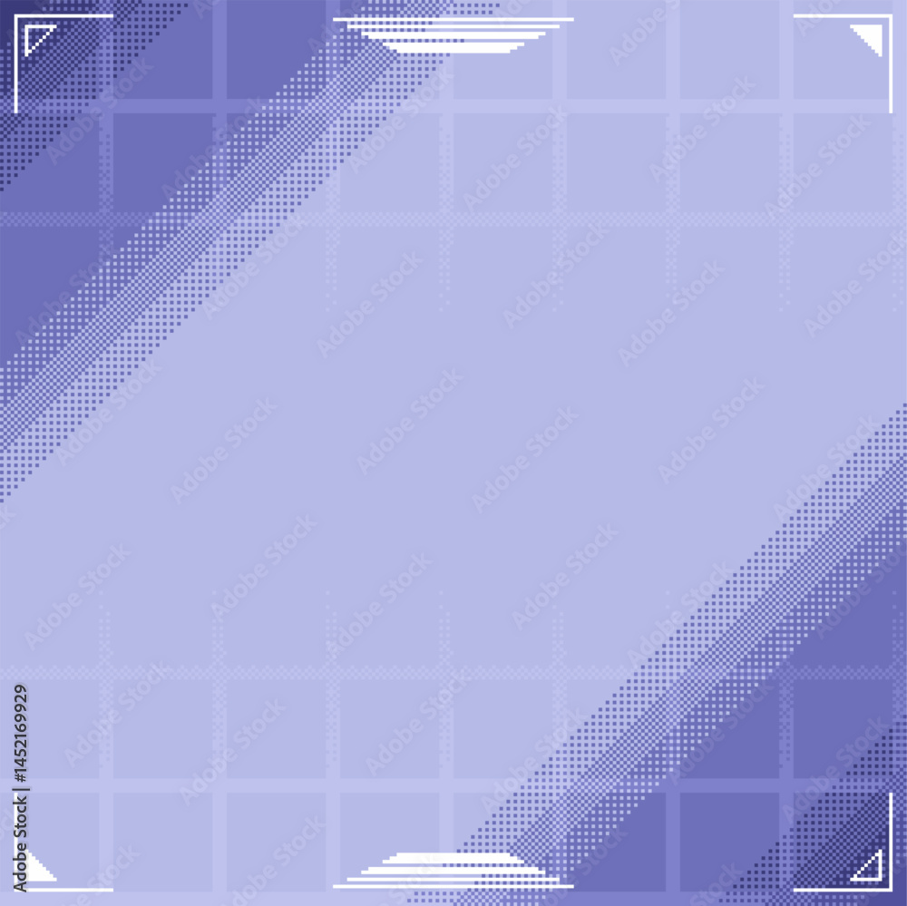 Poster blue dither gradient background with pixel art style geometric grid and minimal interface frame