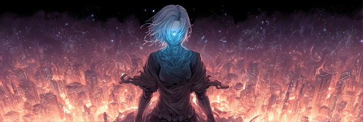 Fototapeta premium Mystical Figure in Flames: A haunting and awe-inspiring image featuring a supernatural being standing resolute amidst a fiery inferno, radiating an ethereal aura.