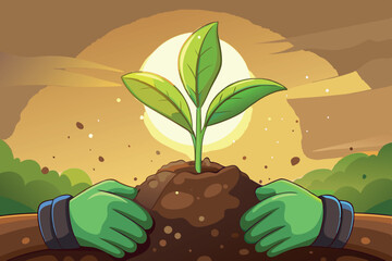 Hands in gardening gloves planting young seedling into soil with a bright sun background symbolizing growth and sustainability