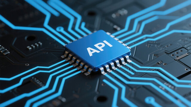 A minimalist design features a blue API chip at the center of a dark circuit board, with faint blue traces radiating outward