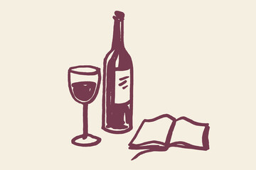 Wine bottle and open book naive sketch illustration