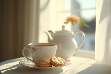 Elegant morning tea with biscuits in soft daylight, showcasing a white porcelain teapot and a cozy atmosphere perfect for relaxation