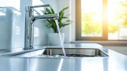 This image showcases a sleek modern kitchen sink with water flowing gracefully from a polished faucet, complemented by lush greenery in the background, exuding tranquility and freshness.