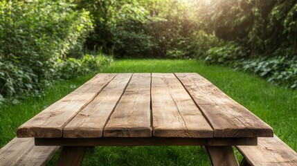 A rustic wooden picnic table sits invitingly in a serene garden, surrounded by vibrant greenery and bathed in warm sunlight, perfect for outdoor gatherings and relaxation.