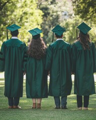 Celebrating achievement with friends in dark green graduation gowns on a sunny day in a natural setting