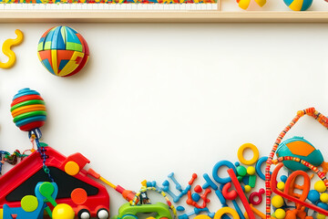 Colorful variety of childrens toys on white surface
