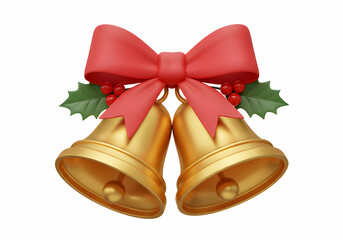 A christmas decoration featuring two golden bells with a red bow and holly berries on a white background