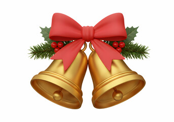 A festive christmas decoration featuring golden bells with a red bow and holly on a white background