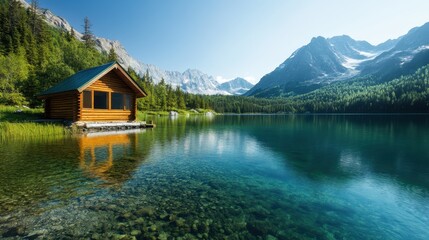 A peaceful wooden cabin set beside a pristine lake with stunning mountain reflections, capturing the essence of nature's beauty and evoking feelings of tranquility and calm.