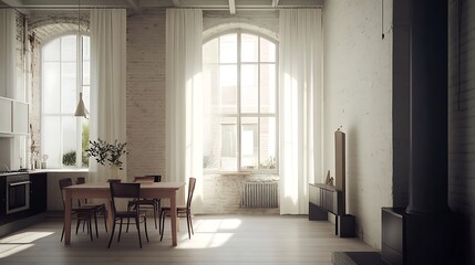 Sunlit Loft Apartment: Minimalist Dining Area with Exposed Brick Walls and Large Windows