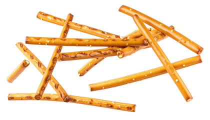 Flying Delicious Pretzel Sticks on White Background Cut Out 