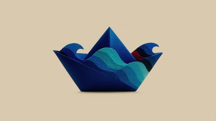 Naklejka premium Abstract Paper Boat Sailing on Blue Ocean Waves Craft Design