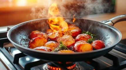 Experience the drama of flaming caramelized apple slices in a skillet, exuding a combination of heat and enticing aromas that captivate the senses.
