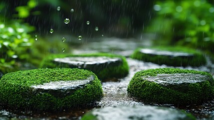 Fototapeta premium Mossy stepping stones, rain, garden, serenity