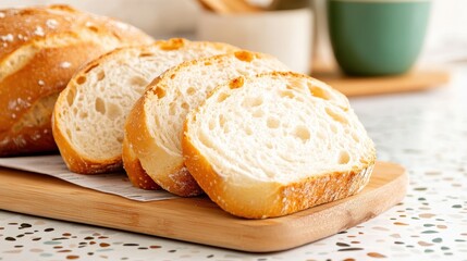 Freshly sliced bread is beautifully displayed on a wooden cutting board, showcasing its crusty exterior and soft interior, evoking feelings of warmth, comfort, and home baking.