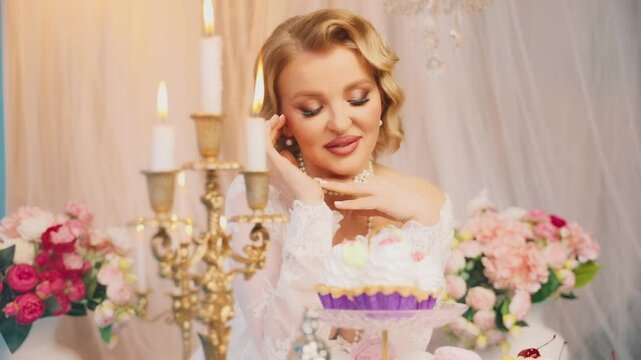 sexy blonde woman queen beauty face, lady sitting at dinner table licks sweet cream off fingers eating dessert cakes pies. Fantasy Girl princess having breakfast Victorian style room, vintage dress