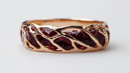 Naklejka premium Close-up of a gold ring with a unique design. the band of the ring is made of gold and has a textured surface with a wavy pattern.