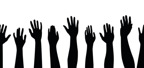 Illustration of many raised hands silhouettes in seamless pattern - voting, protest, volunteering, school	
