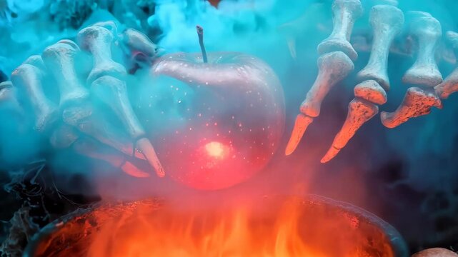 A haunting figure with skeletal hands holds a bright red apple over a bubbling cauldron, emitting smoke in a dark, mystical setting. Perfect for fantasy themes.