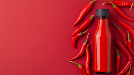 Red hot sauce in glass bottle with chillies on red background.  Homemade condiment. Vibrant, spicy flavor. Food still life. Minimalist.