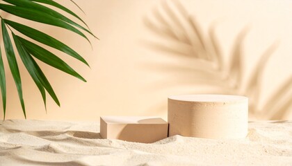 Sand-colored podium on beach-like surface, tropical leaves shadow, bright sunlight, summer product mockup background, relaxed vacation vibe