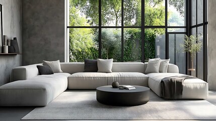 Modern Living Room Design with Large Windows and Sectional Sofa
