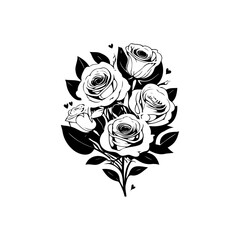 Elegant monochrome floral arrangement of roses with subtle heart accents illustration