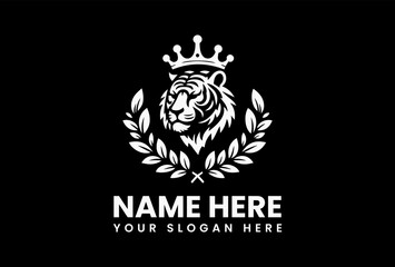 Obraz premium Tiger head wearing a crown of roses and thorns, royal vector emblem for luxury fashion and combat sports 