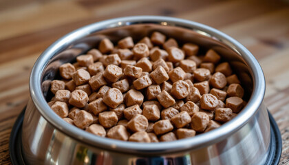 Fototapeta premium Stainless steel bowl filled with dry pet food, featuring small, square shaped kibble pieces. scene conveys sense of nourishment and care for pets