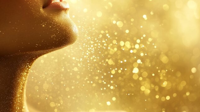Shimmering dry oil mist on womans collarbone against background
