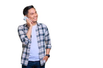 Smiling young Asian man in plaid shirt talking on mobile phone, looking aside at copy space isolated on transparent background