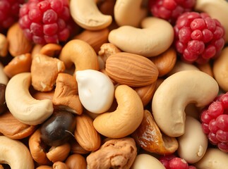 Assortment of mixed nuts and dried fruits with raspberries in close-up view for healthy snack concept
