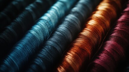 Exploration of vibrant thread rolls showcasing exquisite fine textures and a harmonious blend of warm and cool shades in a macro view
