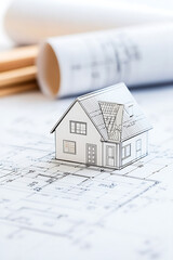 Blueprint Home: Architectural model resting atop a detailed construction plan. Design and vision coming together to build the future.