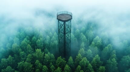 An aerial perspective of a towering observation deck rises above a vast green forest enveloped in a mysterious fog, offering a breathtaking view of nature.